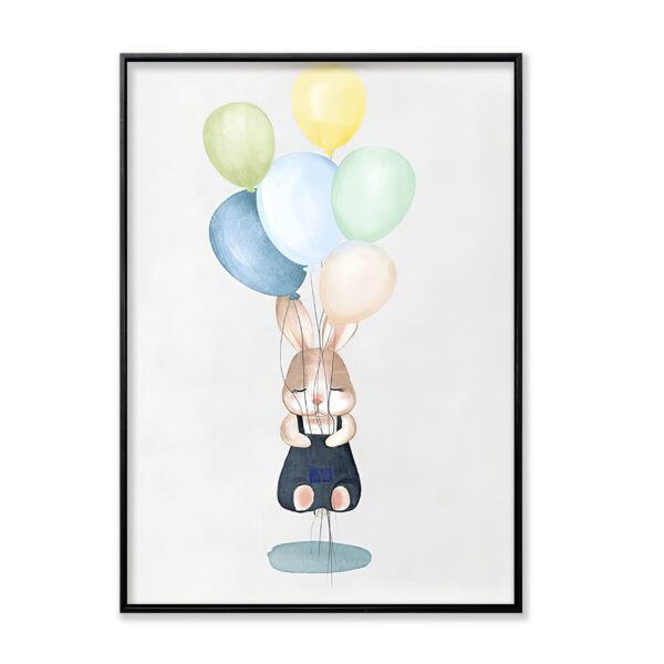 Conejo con Globos Infantil Bebe Niños con Marco Exterior Negro